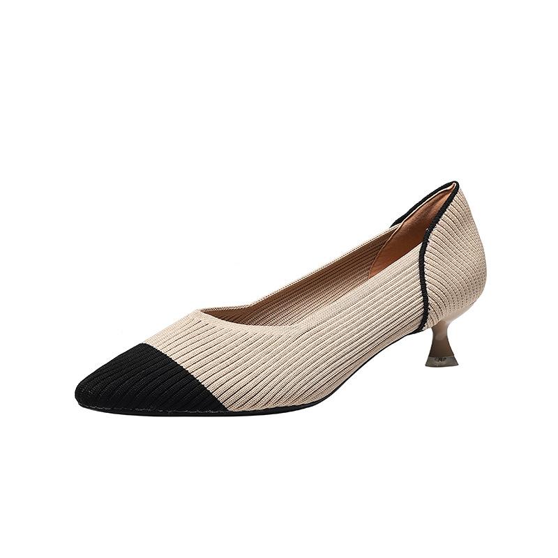 

Fashion mixed color knitting pumps women pointed toe kitten heel breathable fabric shoes med-high heels candy weaving tacones de mujer 35
