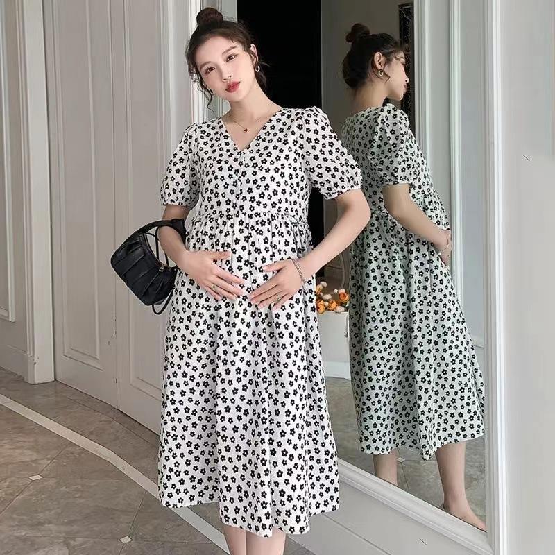 Maternity Clothes Nursing Clothes Fashion Temperament Floral Out Loose and Thin Medium and Long Dress