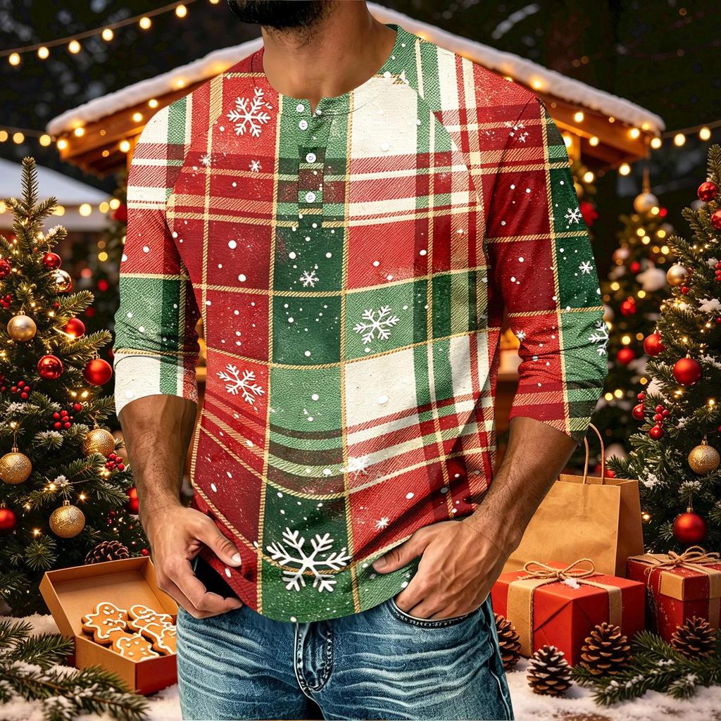 Men's Casual Three-Quarter Sleeve Raglan Shirt with Christmas Print