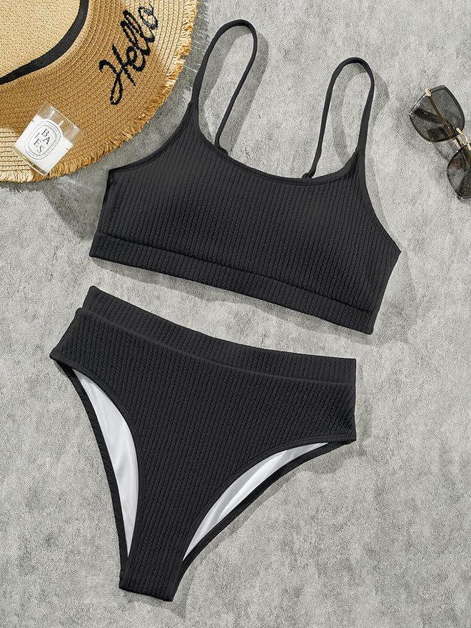 Europejski i Amerykański Damski Seksowny Dwuczęściowy Zestaw Bikini w Jednolitym Kolorze z Falującej Tkaniny