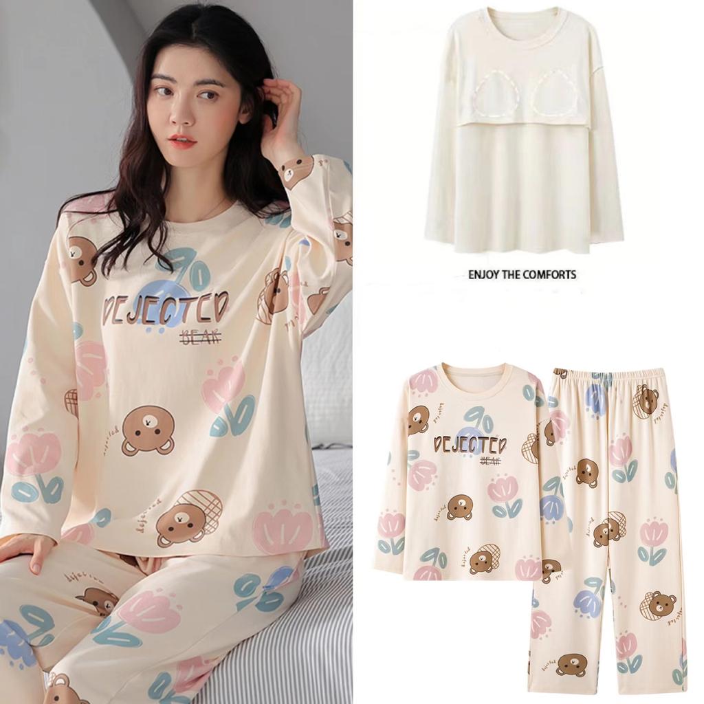 Pyjama Deux Pièces Printemps et Automne pour Femmes Femmes avec Corset Pantalon à Manches Longues Étudiants Dessin Animé Ample Vêtements d'Intérieur Ensemble de Pyjama