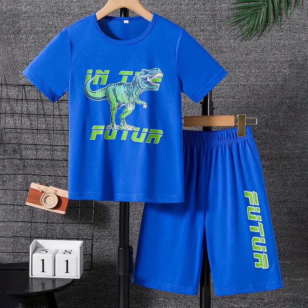 Boys Cartoon Dinosaur Short Sleeve T Shirt and Camouflage Shorts Set Summer Casual Outfit Lightweight Comfortable Fabric
