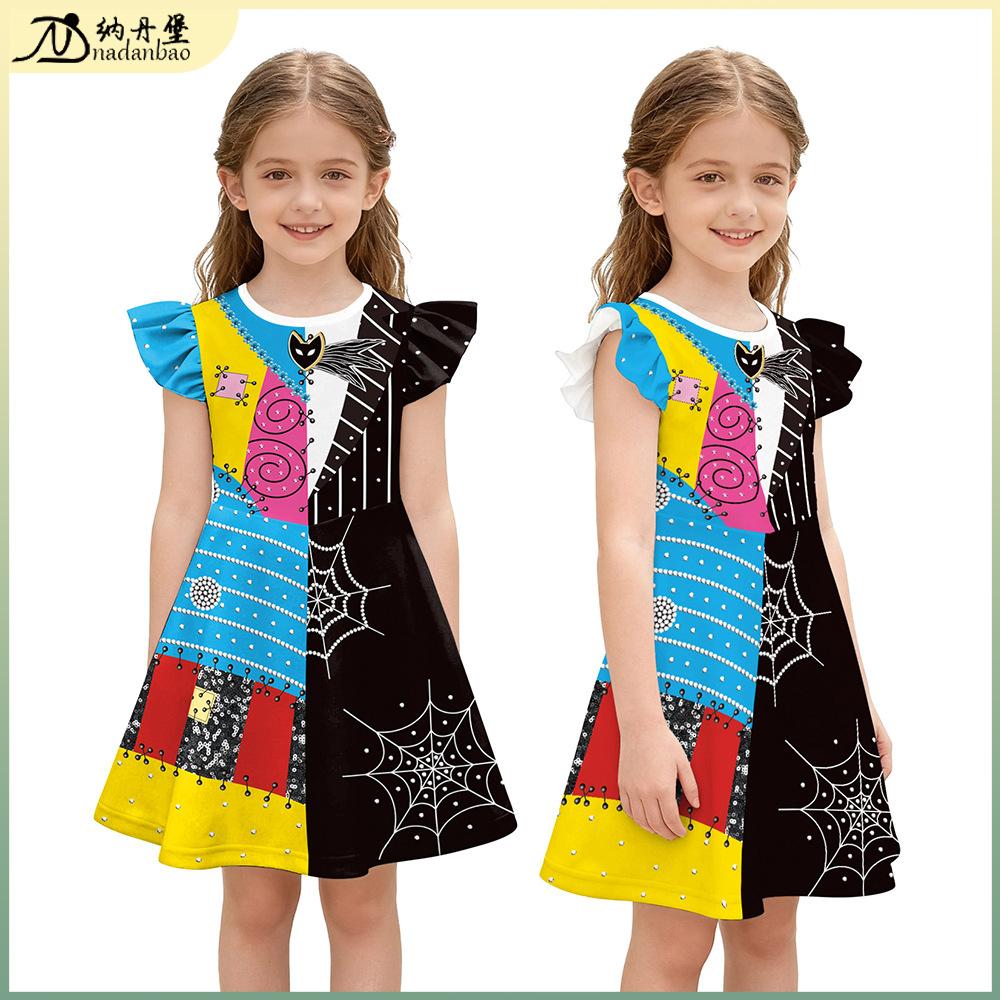 Sally Dress for Girls, Ruffle Spider Web Print Costume Dress, Halloween Nightmare Before Christmas Cosplay Dress, Cute Pumpkin Party Outfit