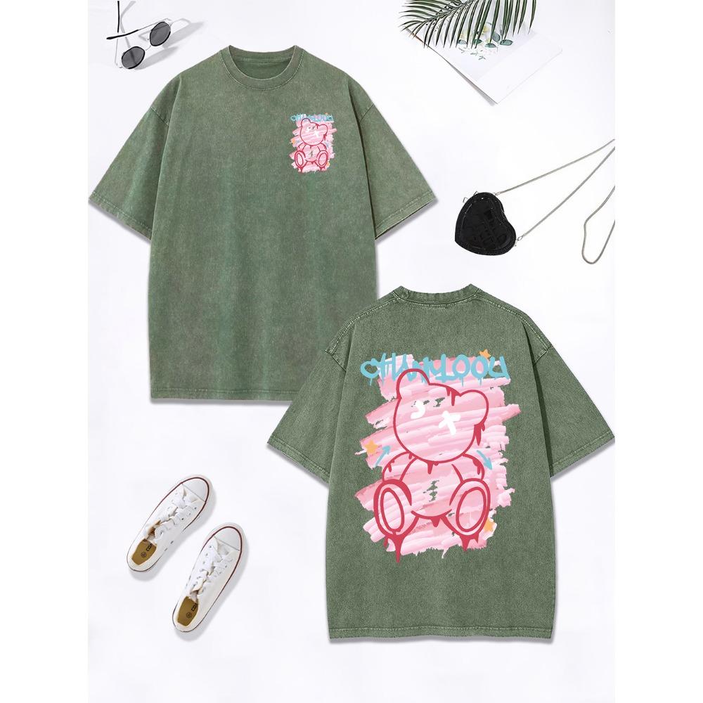 Graffiti Toy Cartoon Bear Prints Washed T-Shirt Women Cotton Oversize Tops Comfortable Distressed O-Neck T Shirt Clothes