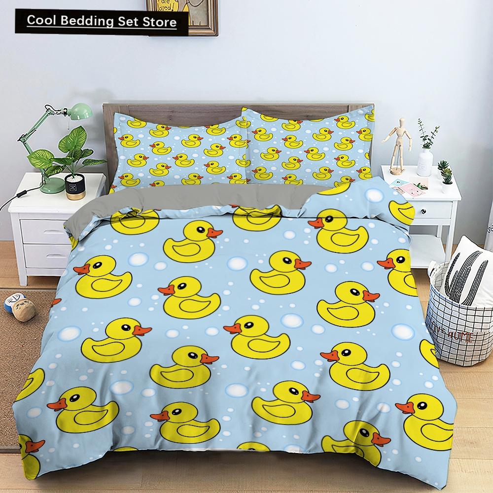 Cartoon Yellow Duck King Queen Duvet Cover Farm Lovely Animal Bedding Set Blue Bubble Quilt Cover Soft Polyester Comforter Cover