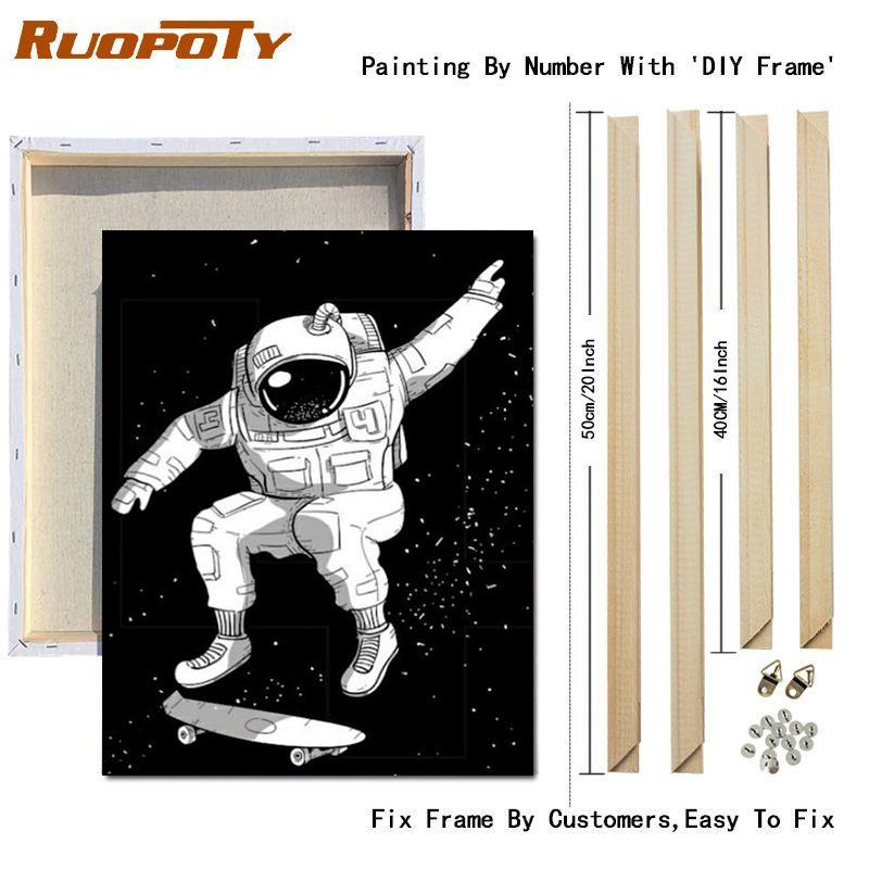 RUOPOTY צייר לפי מספרים אסטרונאוט איור קיר אמנות ייחודית מתנה מצוירת ביד תמונה לפי מספרים ירח לסלון