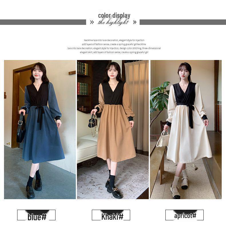 2026 Autumn Korean Style Elegant Waist-cinching Slim Fit French Retro Patchwork Midi Dress