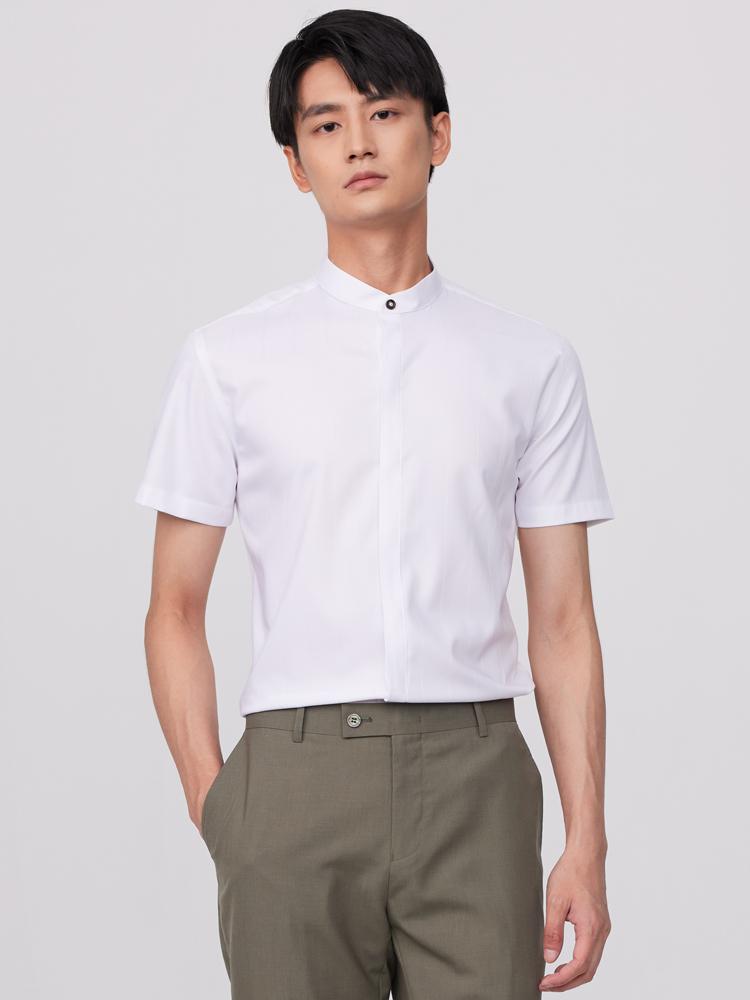 

Летняя мужская легкая эластичная рубашка с короткими рукавами и воротником-стойкой без кармана спереди, с планкой на потайных пуговицах, стандартные классические рубашки