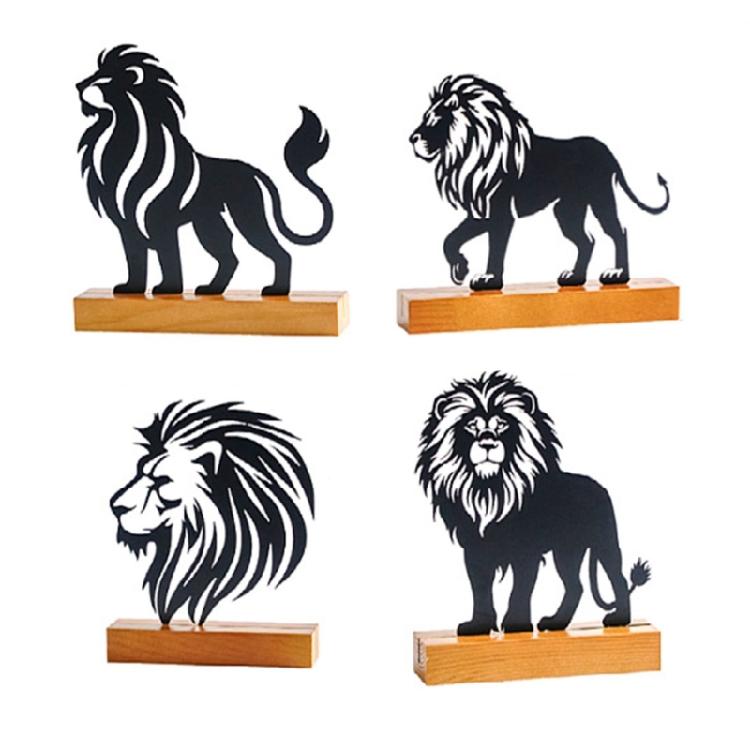 Metal Lion Statue with Wood Base Centerpieces Table Top Sign Hollow Out Iron Art Animal Sculpture Desktop Ornament Gift