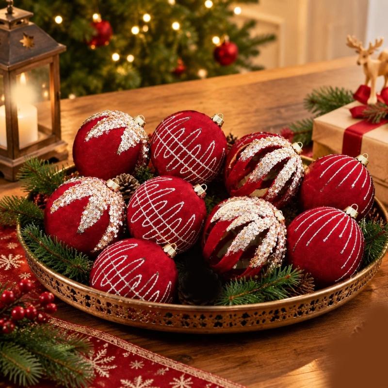 12-Piece Christmas Bauble Set, Soft-Texture Ball Decorations with Decorative Motifs and Top Rings for Holiday Tree Displays