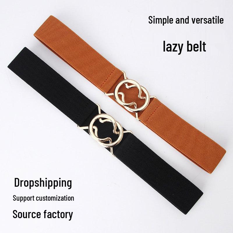 Ceinture Minimaliste Noire Élastique à Taille Haute pour Femme avec Double Boucle Ronde