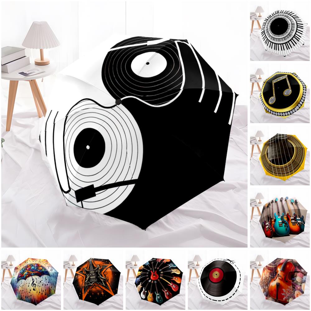 1pc Music Theme Pattern Umbrella Portable Folding Umbrella Iron Frame Hole Bone Structure Outdoor Home Umbrella