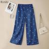 ZANZEA Women Casual Elastic Waist Loose Print Straight Pants