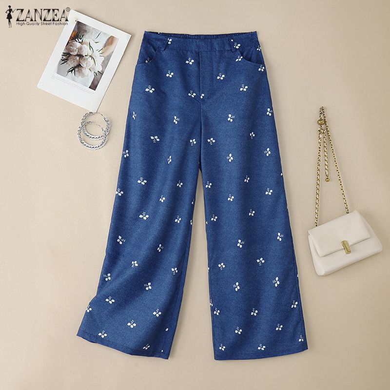 ZANZEA Women Casual Elastic Waist Loose Print Straight Pants