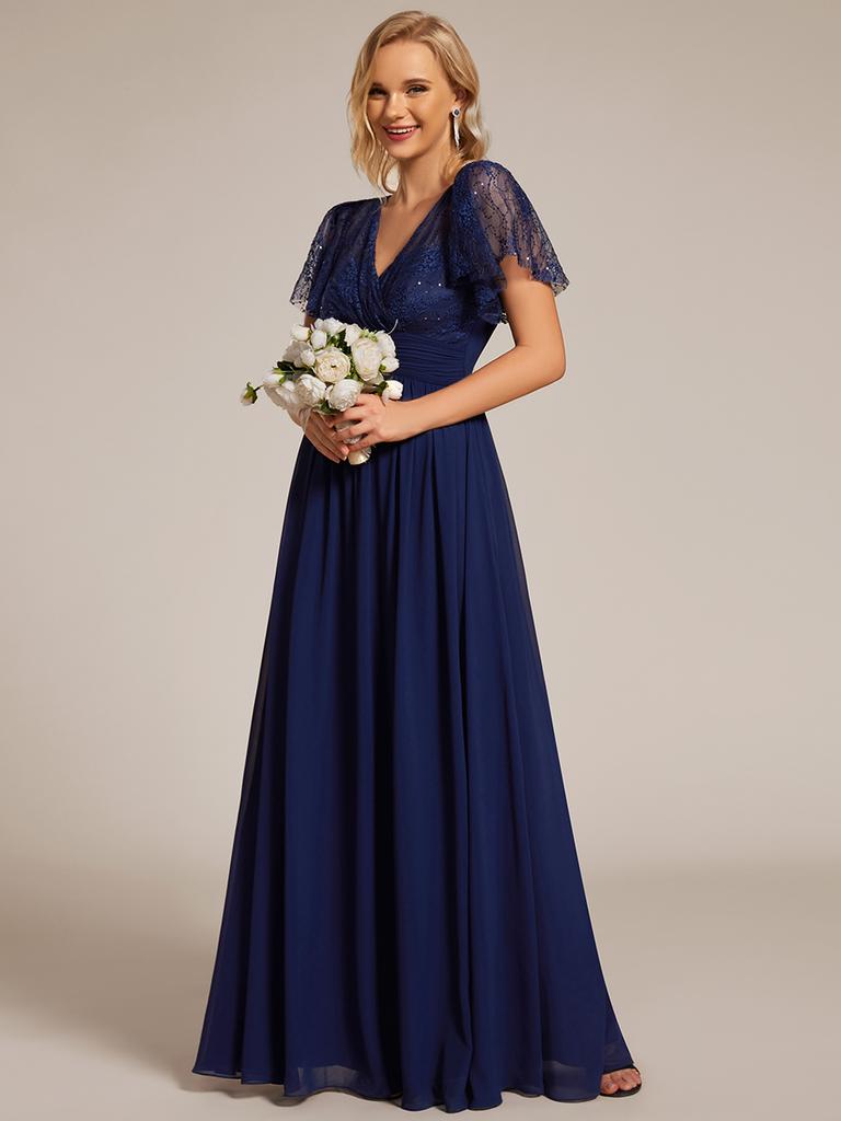 Ever-Pretty Rochii de seară din șifon, elegante, cu mâneci din frunze de lotus, cu sclipici, cu spate gol