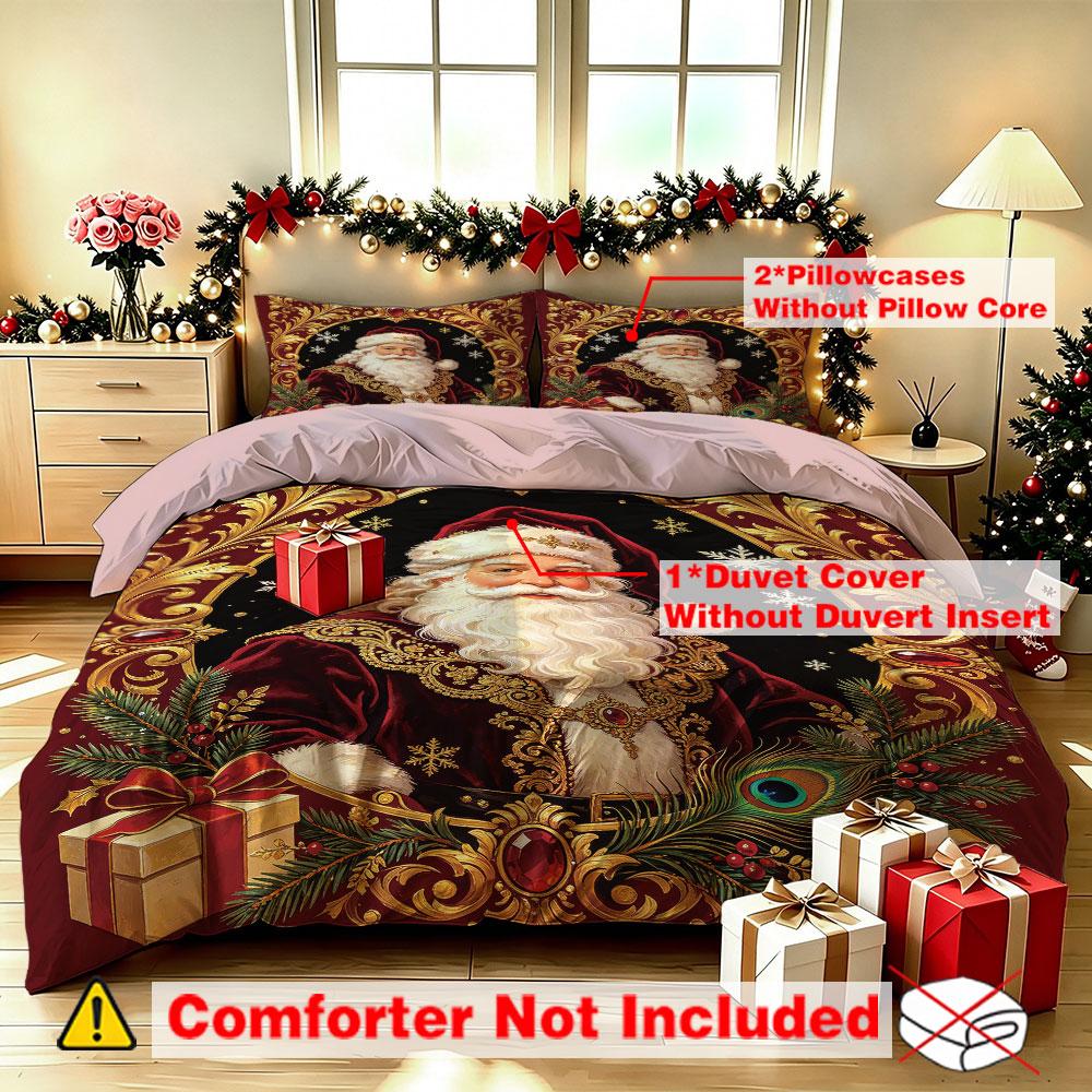 Christmas Duvet Cover Set 3Pcs Vintage Santa Claus Red Gold Print Soft Microfiber Bedding with Pillowcases Decor