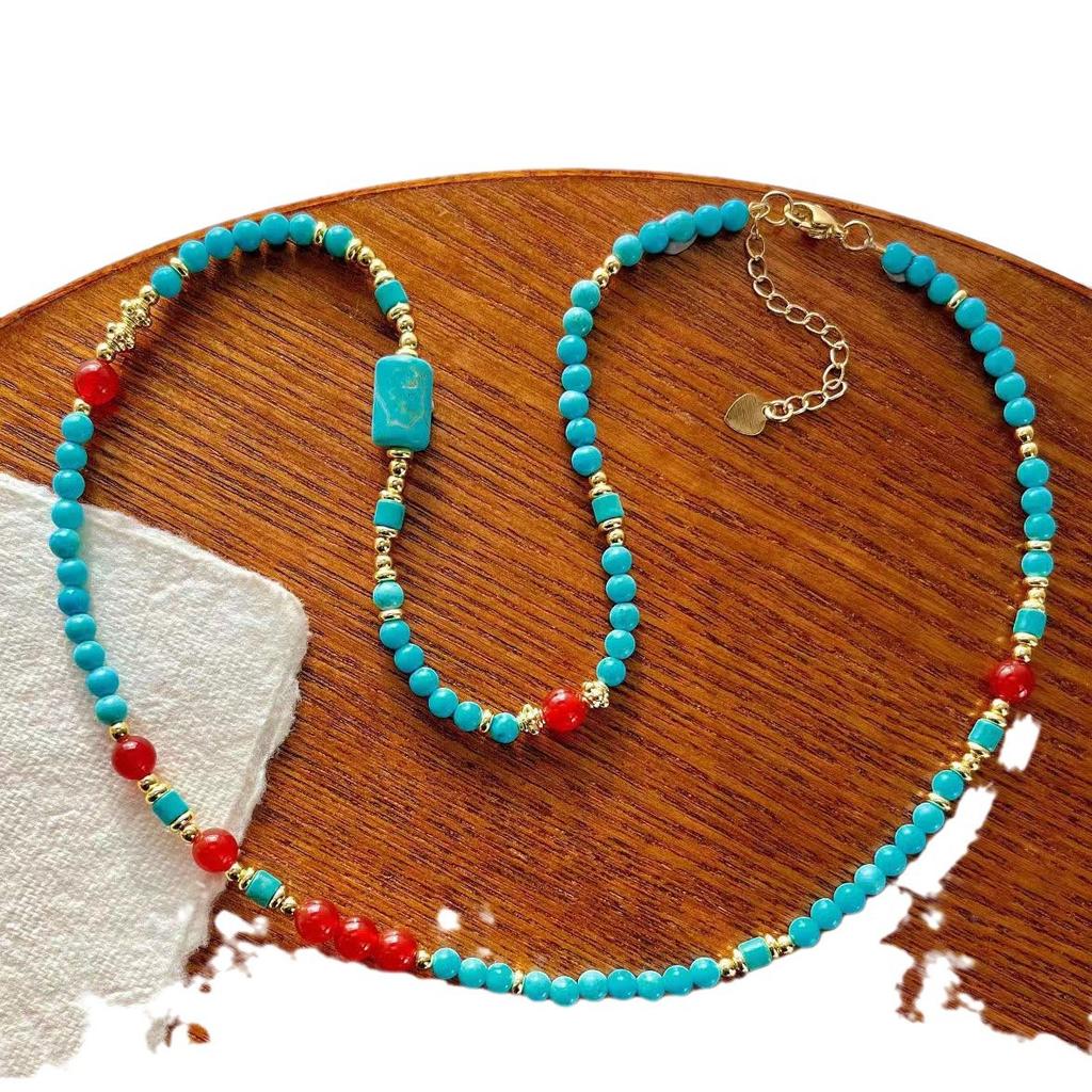 Vintage Artificial Turquoise Natural Chalcedony Collarbone Chain Necklace