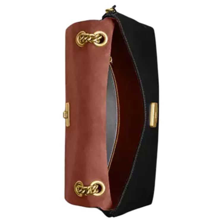 Coach Black Smooth Leather Flap Shoulder Bag with Gold Chain & Hardware for Daily Use
