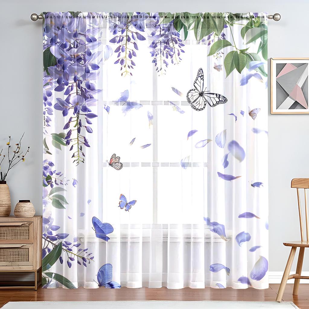 1PC Elegant Wisteria Flower Sheer Curtains - Purple Floral Design with Green Leaves, Rod Pocket Top for Living Room, Kitchen, Bedroom, Balcony