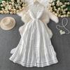 French Gentle Wind Blue Hollow Stand-up Collar Sleeveless Dress Women's Summer Vacation Single-breasted Waist Pendulum Dress