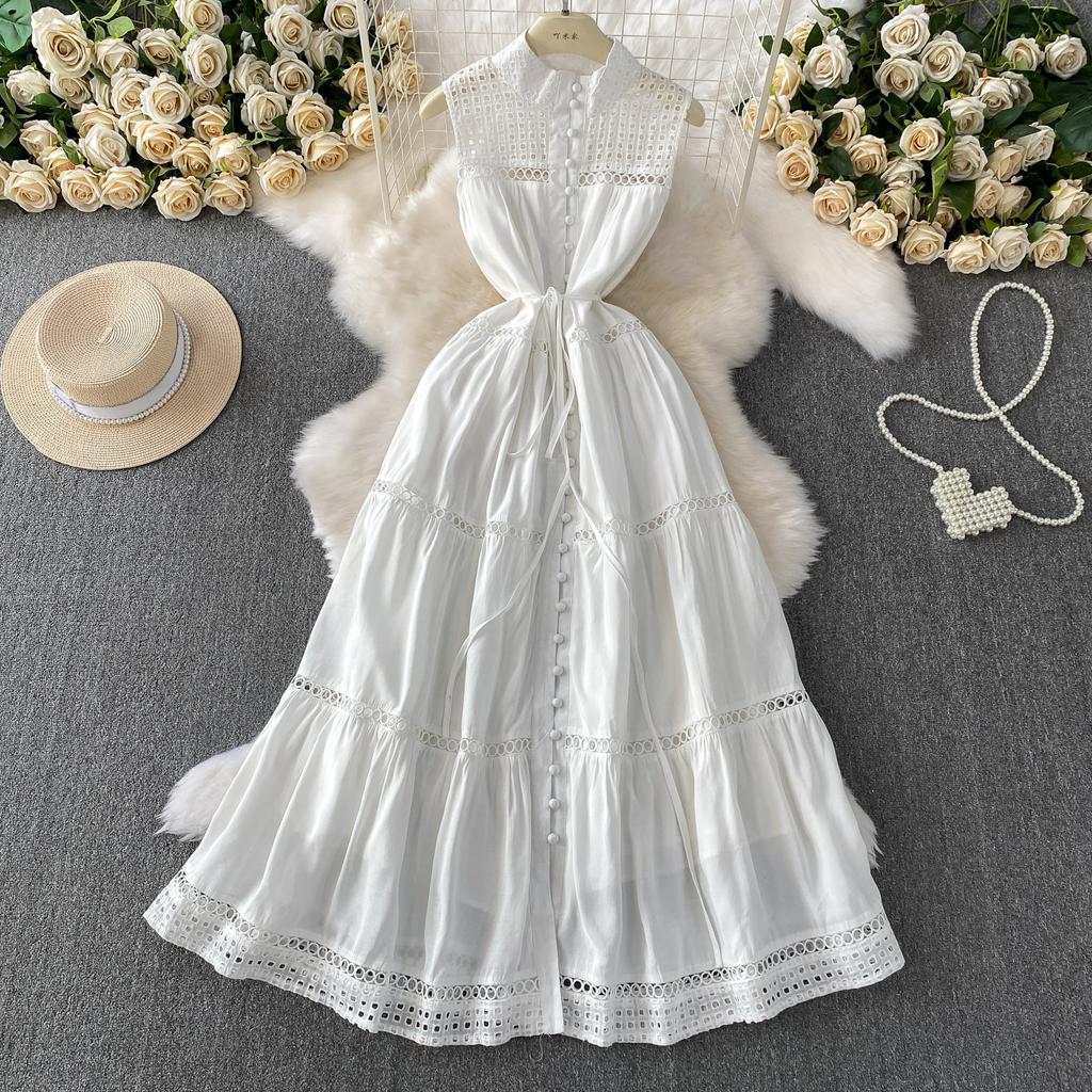 French Gentle Wind Blue Hollow Stand-up Collar Sleeveless Dress Women's Summer Vacation Single-breasted Waist Pendulum Dress