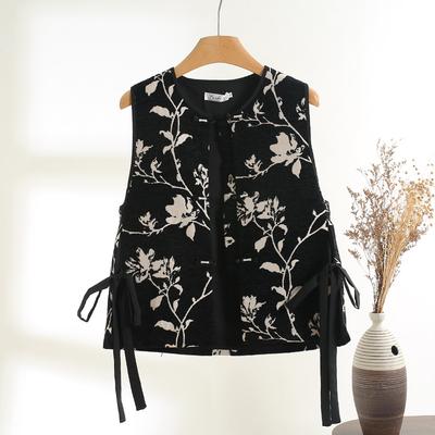 Jacquard Disc Buckle Round Neck Vest Women's Retro Embroidery Outer Literary Vest Year-round Daily Wear