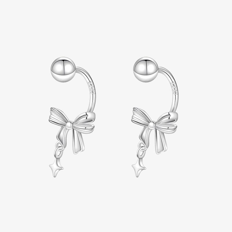 Silver Bowknot Bead Screw Stud Earrings For Women Party Classic Fine Jewelry Light Luxury Accessories