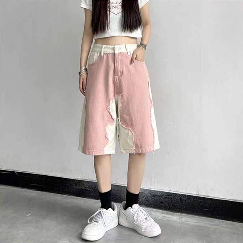 

Американские ретро-лоскутные джинсовые шорты с высокой талией для женщин, утягивающие, свободные, прямые, широкие, брюки длиной пять четвертей XL