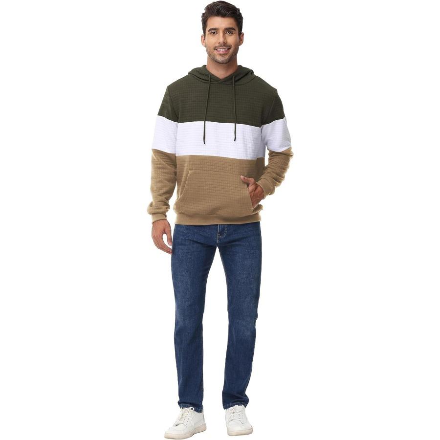 Large Size Men's Hooded Pullovers Checkered Color Blocking Sweatshirt Retro Jacquard Casual Sports Hoodie for Men