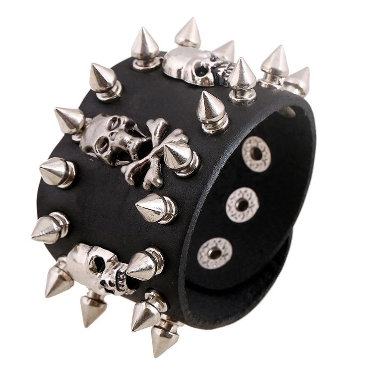 Punk Skeleton Bracelet for Men Metal Rivet Studs Personality Genuine Leather Bracelets Bangles