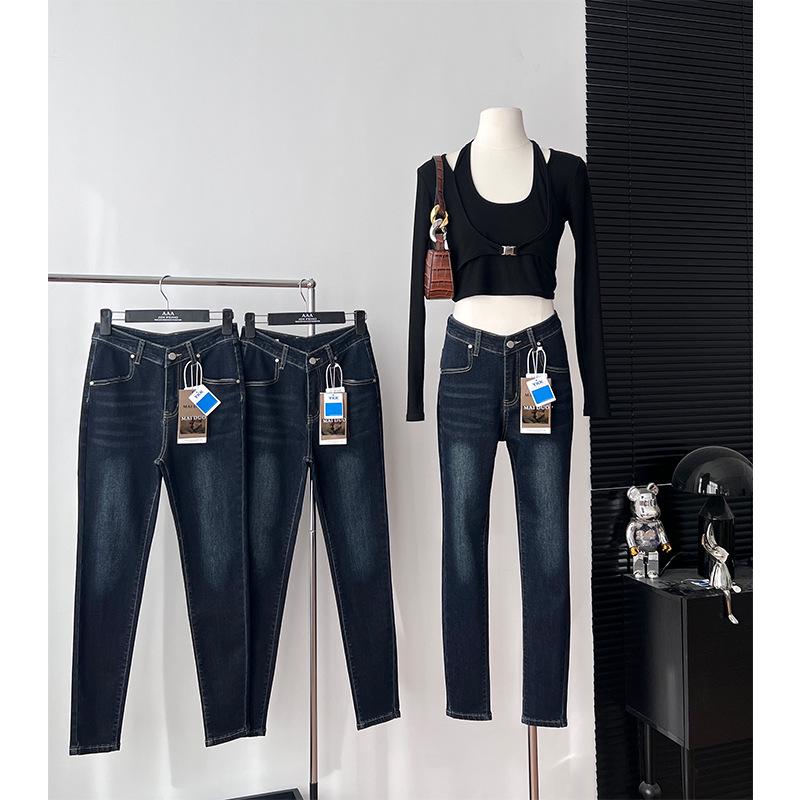 

Dark Blue V-Waist Slim Fit Cropped Pencil Jeans for Women, Tall & Slimming XL