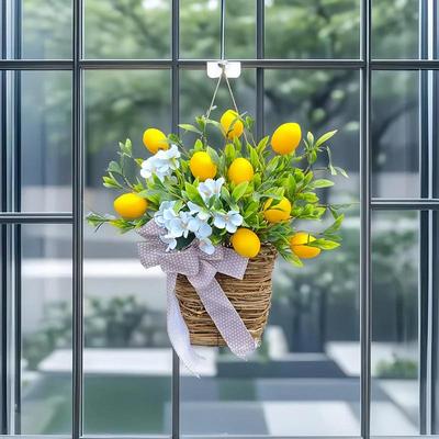 Artificial Flower Wreath Spring Summer Porch Wreath Door Hanging Basket Wreath Lemon Flower Basket Farmhouse Cottage Garland