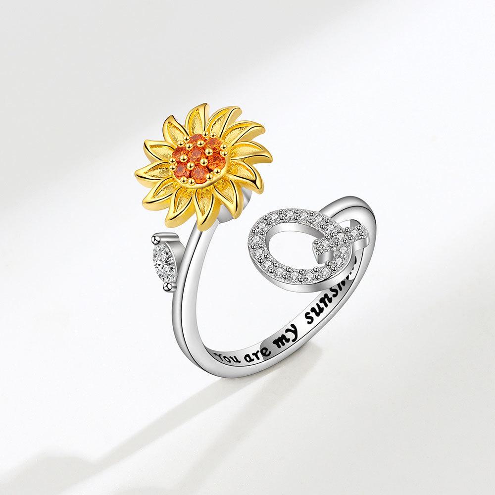 Creative Sunflower Rotating Ring 26 Letters Adjustable Open Design Women's Fashion Finger Jewelry Daily Wear & Gift Accessories