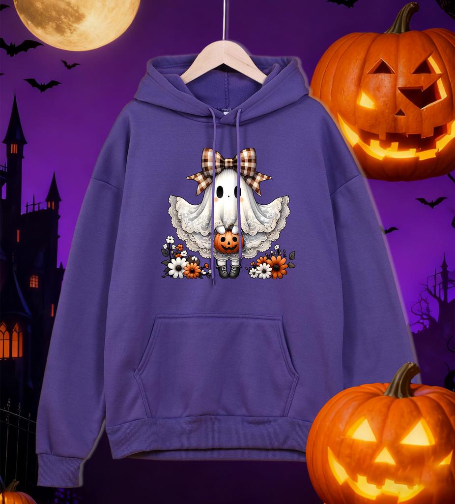 Fröhliches Halloween Schleife Geisterdruck Herren Hoodie Hip Hop Mehrfarbig Kapuzenpullover Fleece Allround-Pullover Übergroße Tasche Sportbekleidung