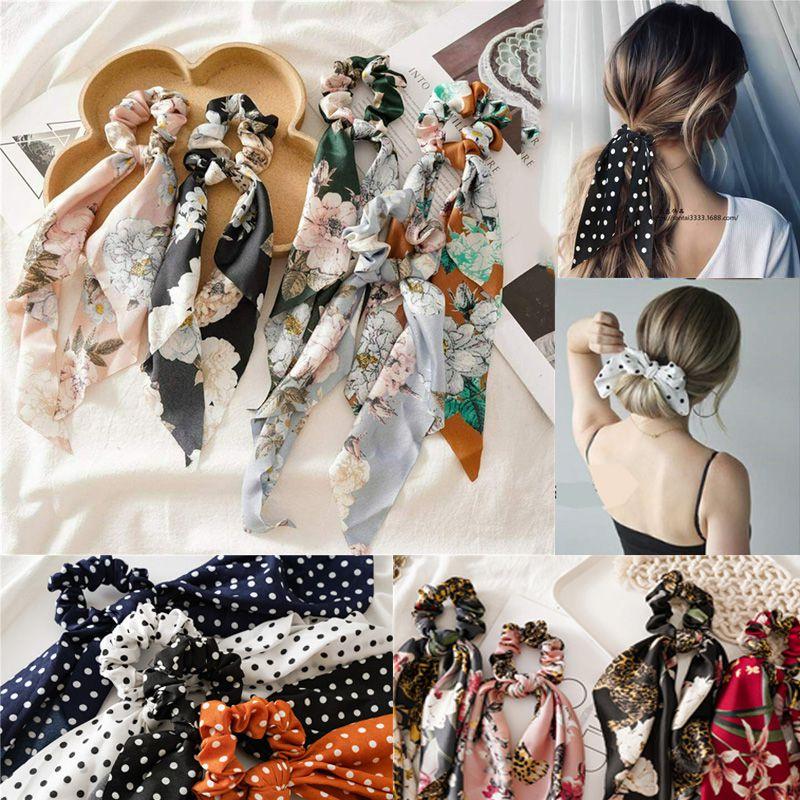 Elegant Floral Hair Bow Scrunchie Scarf With Boho Elastic Hairband And Ribbon Ties