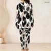 Women Plus Size Two Piece Set Round Neck Long Sleeve White Blue Printed Top Fitted Long Pants