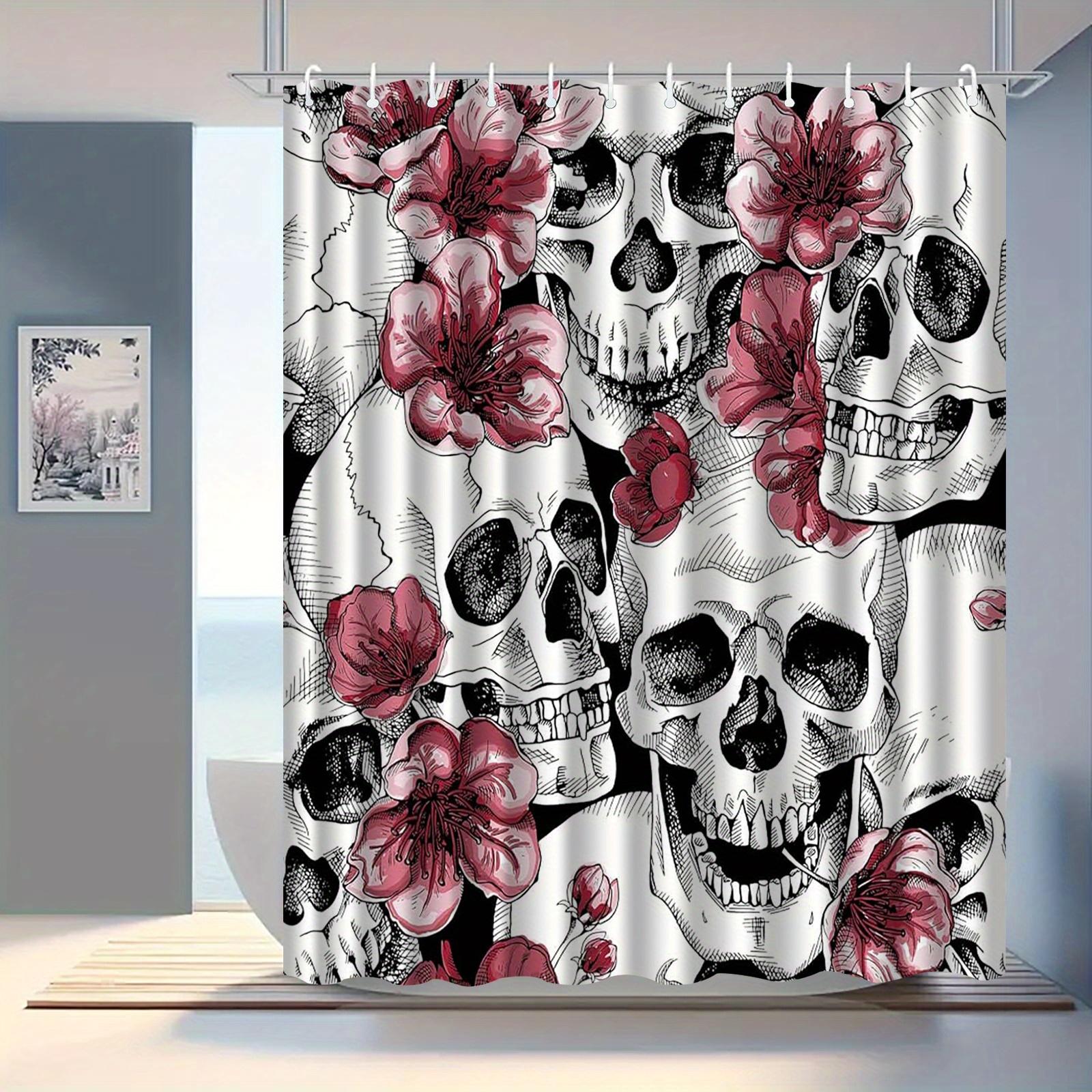 

Gothic Floral Skull Shower Curtain With Hooks - Machine Washable Polyester Bathroom Decor, Black White Pink Art Design W60H190(CM)-1 Pcs