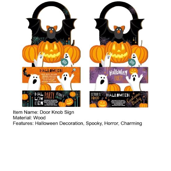 2 Pcs Halloween Door Hanger Signs, Wooden Pumpkin Bat Door Knob Hanger for Home Bedroom, Holiday Party Decor