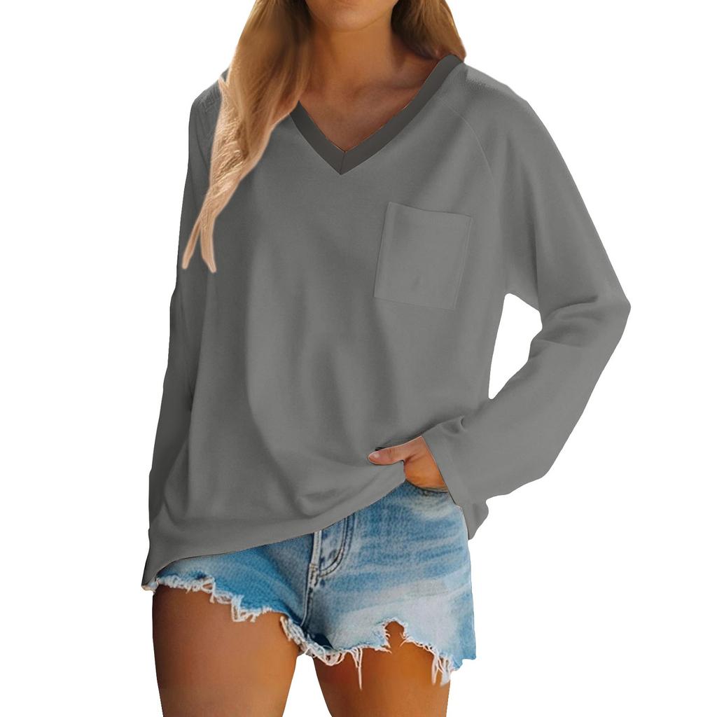 Women's Raglan Long Sleeve V-Neck T-Shirt Splicing Solid Color Casual Top Pullover V-Neck Pocket Bottoming Shirt