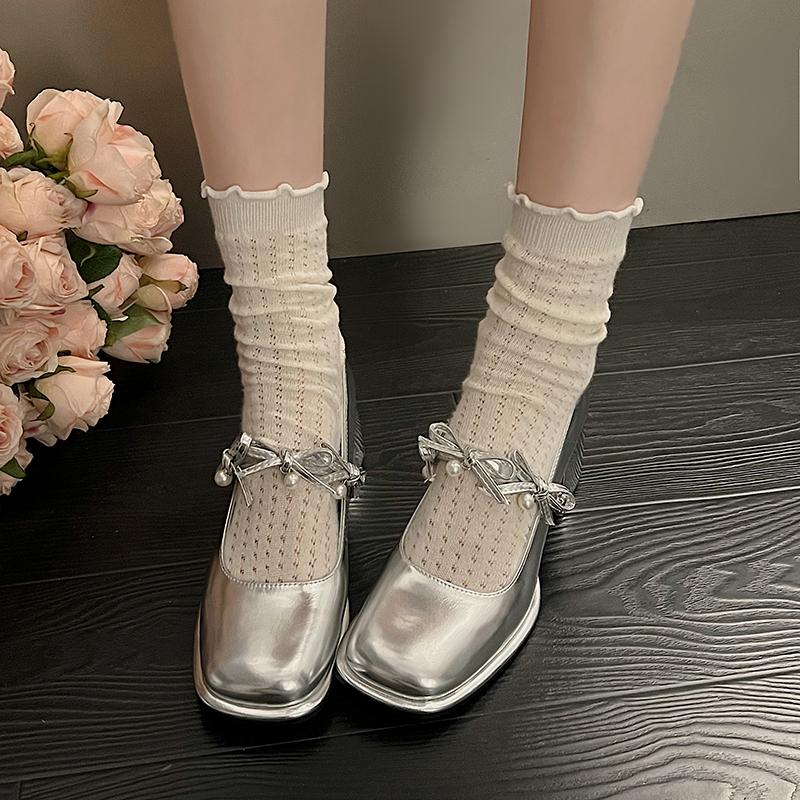 2024 New Women's Summer Mary Jane Shoes Fashionable High Heels Elegant Solid Color Bow Decoration Dress Party Shoes Zapatos