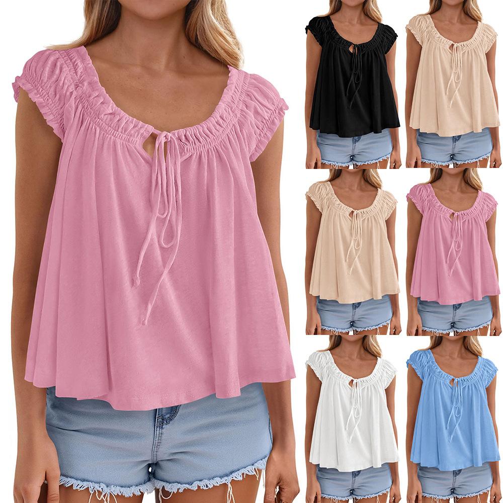 Womens Off Shoulder Ruffle Short Sleeve Tie Front Loose Blouse