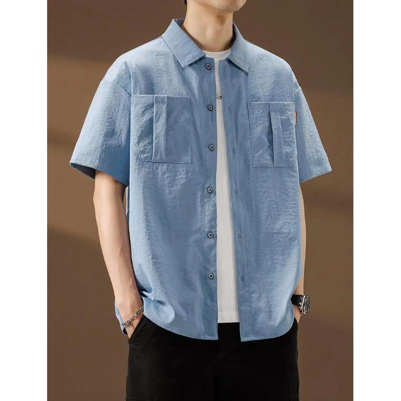 Japanese Style Summer Men's Plus Size Short Sleeve Shirt, Fat Men's Extra Large Solid Color Half Sleeve Casual Shirt