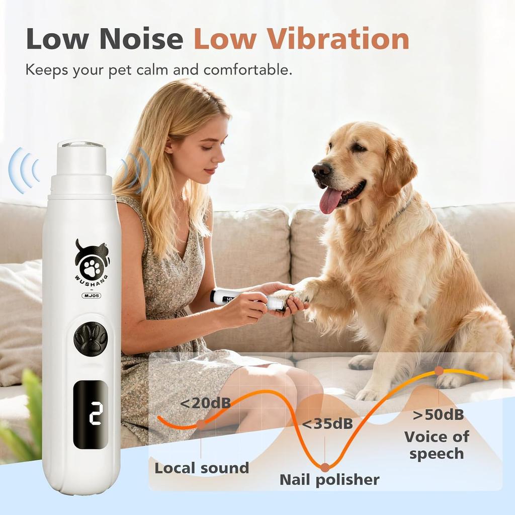 Dog Nail Grinder 3-Speed Vibration Quiet Electric Pet Nail Trimmer with Digital Display Rechargeable USB-C Cat & Dog Nail File