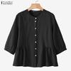 ZANZEA Women Casual Round Neck 3/4 Sleeve Loose Cotton Blouse