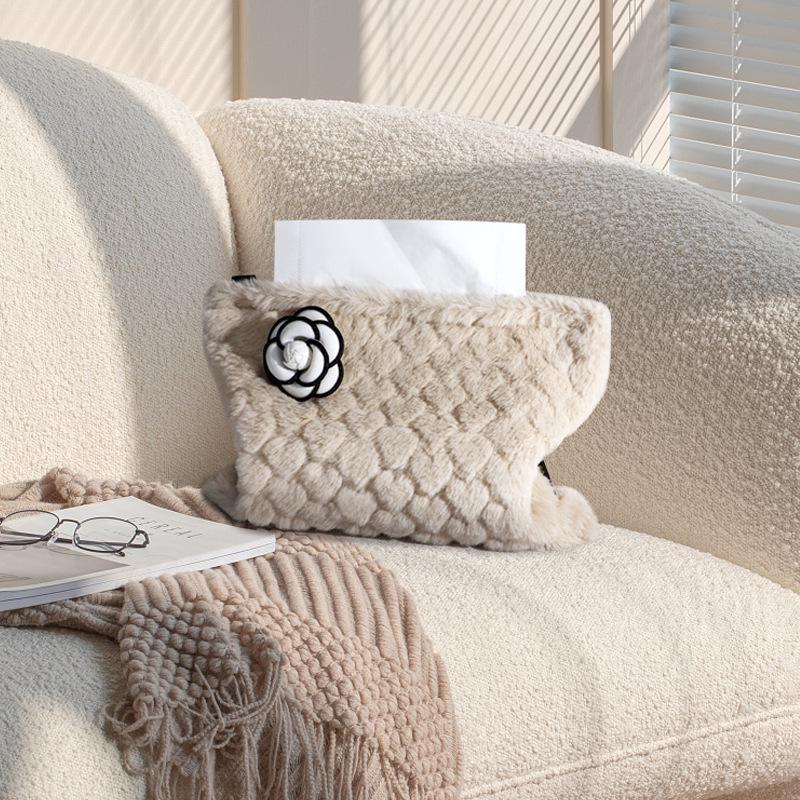 Camellia Love Plush Car Tissue Box - Hanging Armrest & Center Console Decor.