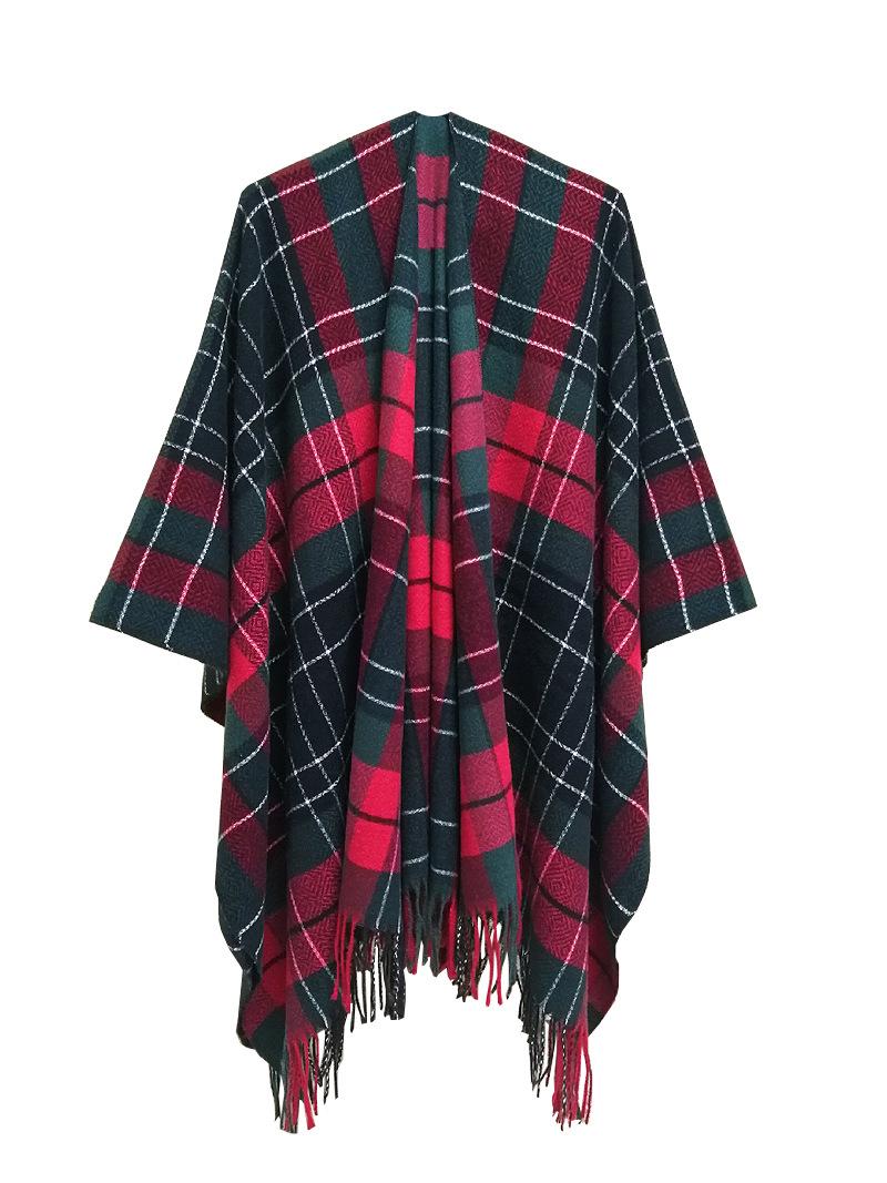 Foreign trade tassel plaid cross shawl women s European, American spring and autumn winter cape acrylic double-sided plaid split shawl 130x150+10cm