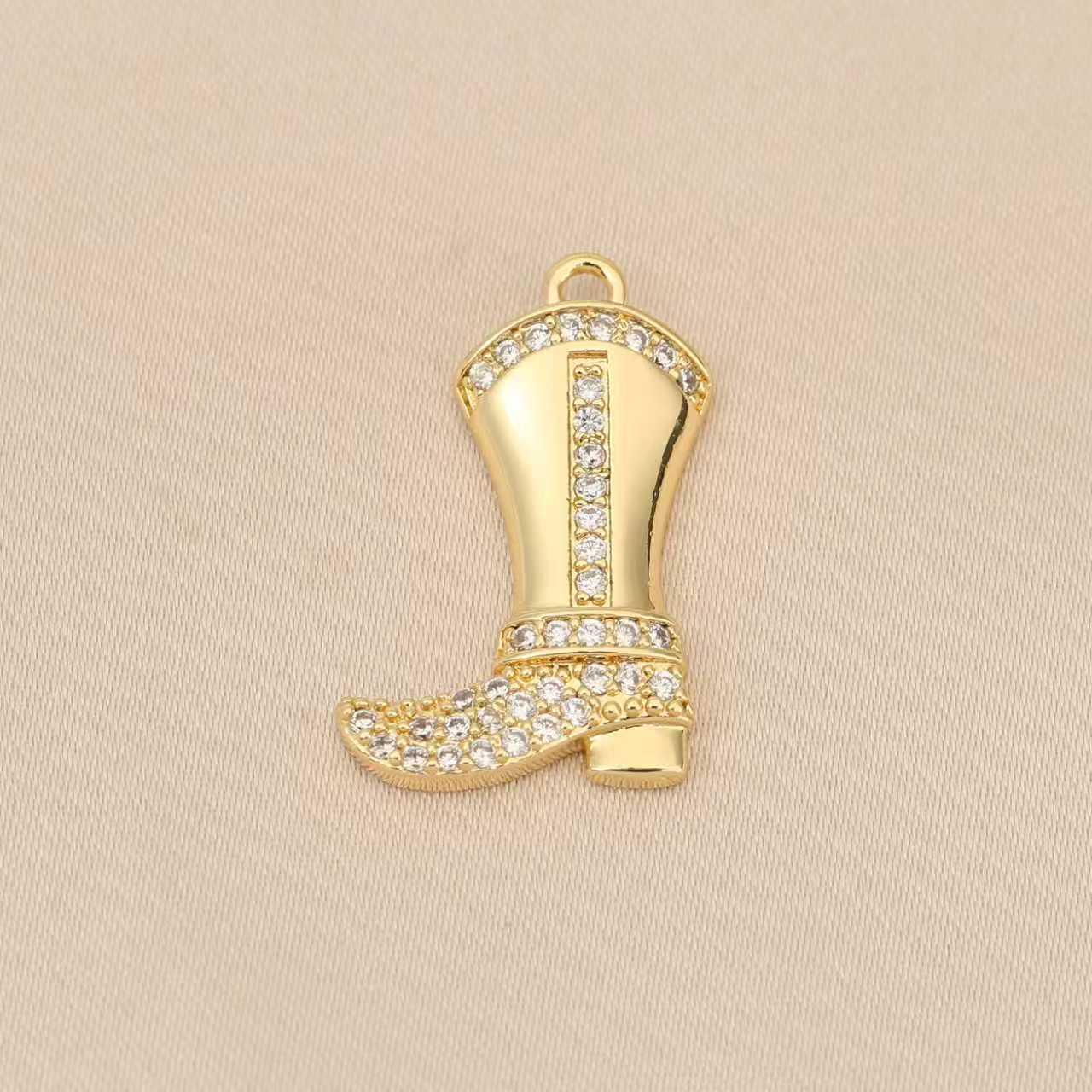 18k Gold-Plated Cowboy Boot Pendant with Diamond Inlays - European and American Style DIY Jewelry Accessory
