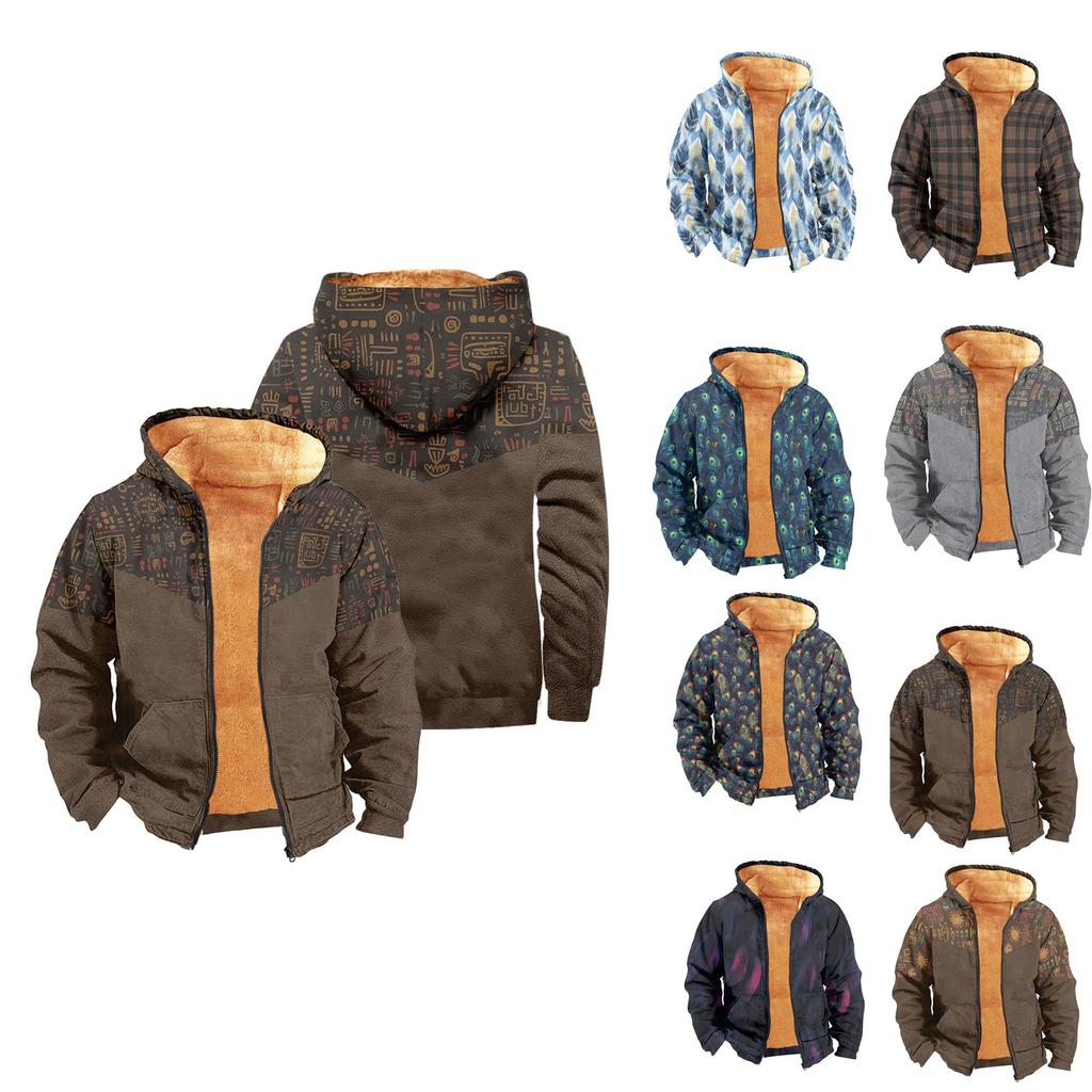 Men's Print Long Sleeve Pocket Coat Fashion Plus Velvet Overcoat