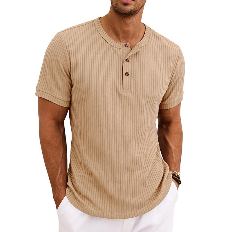 Men Retro Casual Ribbed Henley Short Sleeve Sports T Shirt