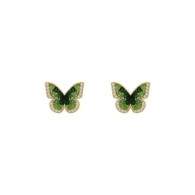 Elegant Forest Gradient Green Butterfly Earrings: Exquisite 925 Silver Needle Design